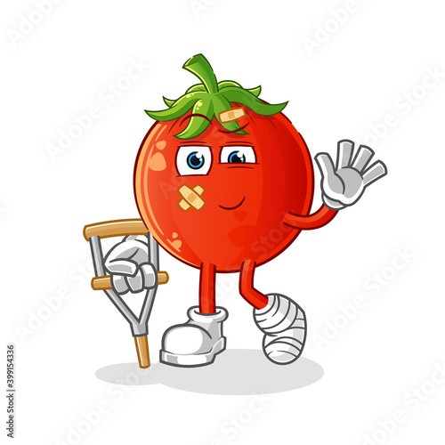 tomato sick with limping stick character. cartoon mascot vector