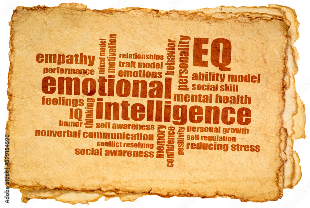 emotional intelligence (EQ) word cloud on an isolated sheet of handmade paper, empathy, feeling, communication and personal development concept