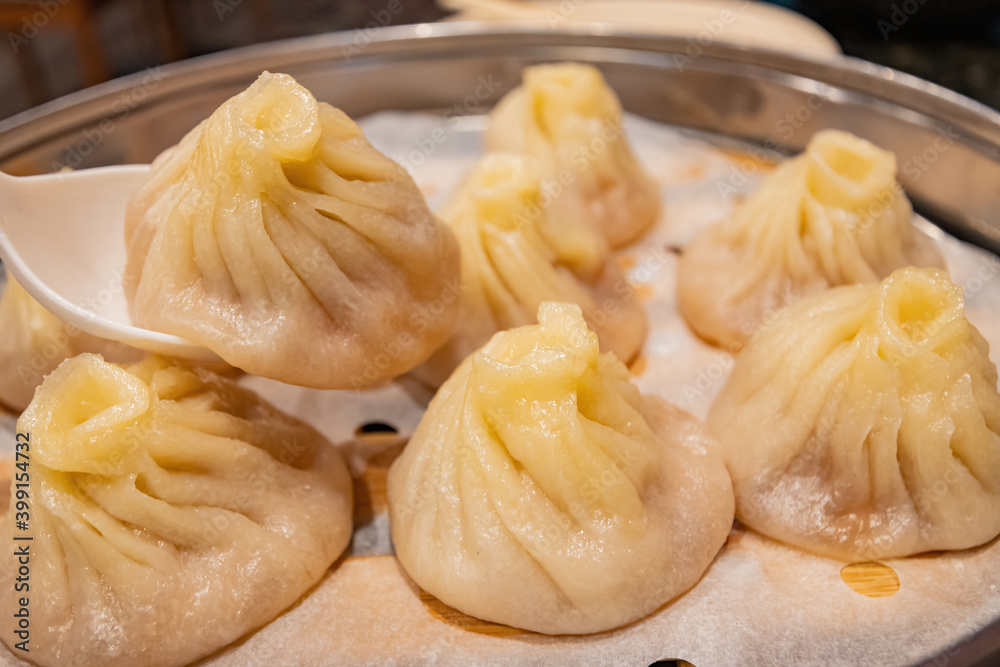 Close up shot of steamed soup dumpling