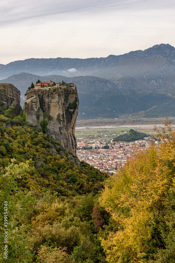 Agia triada , HolyTrinity,  monastery, an unesco world heritage site,  located on a unique rock formation  above the village of Kalambaka during fall season.
