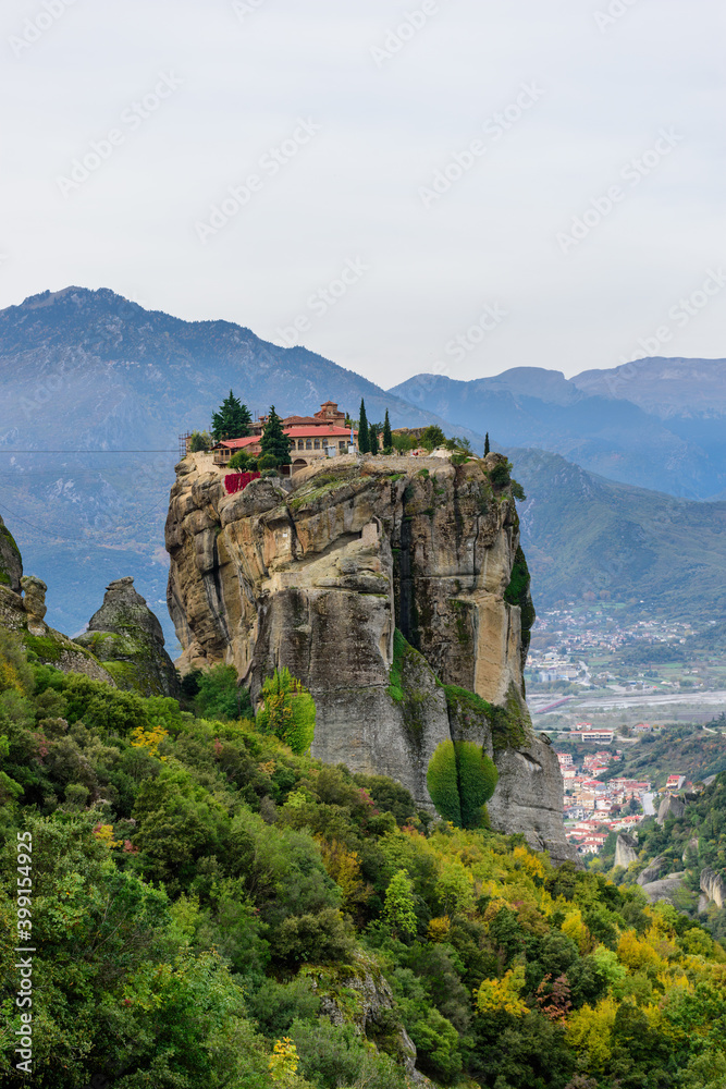 Agia triada , HolyTrinity,  monastery, an unesco world heritage site,  located on a unique rock formation  above the village of Kalambaka during fall season.
