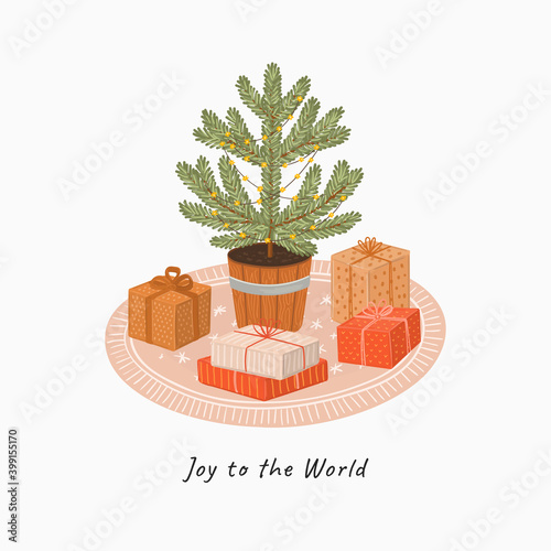 Christmas card with spruce tree and gifts, vector hand drawn illustration