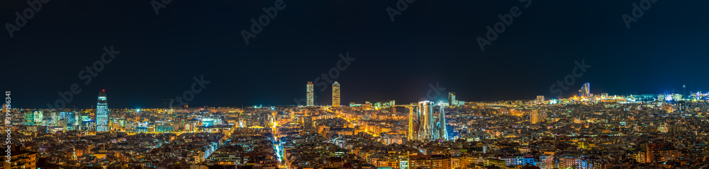Panorama of Barcelona city illuminated at night. Spain
