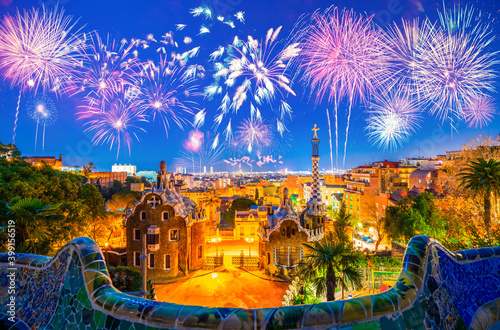 Photography Beautiful fireworks show in Barcelona seen from Park Guell