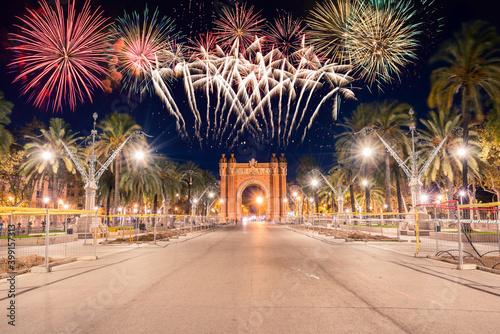 Fireworks near Arc de Triomf in Barcelona, Spain