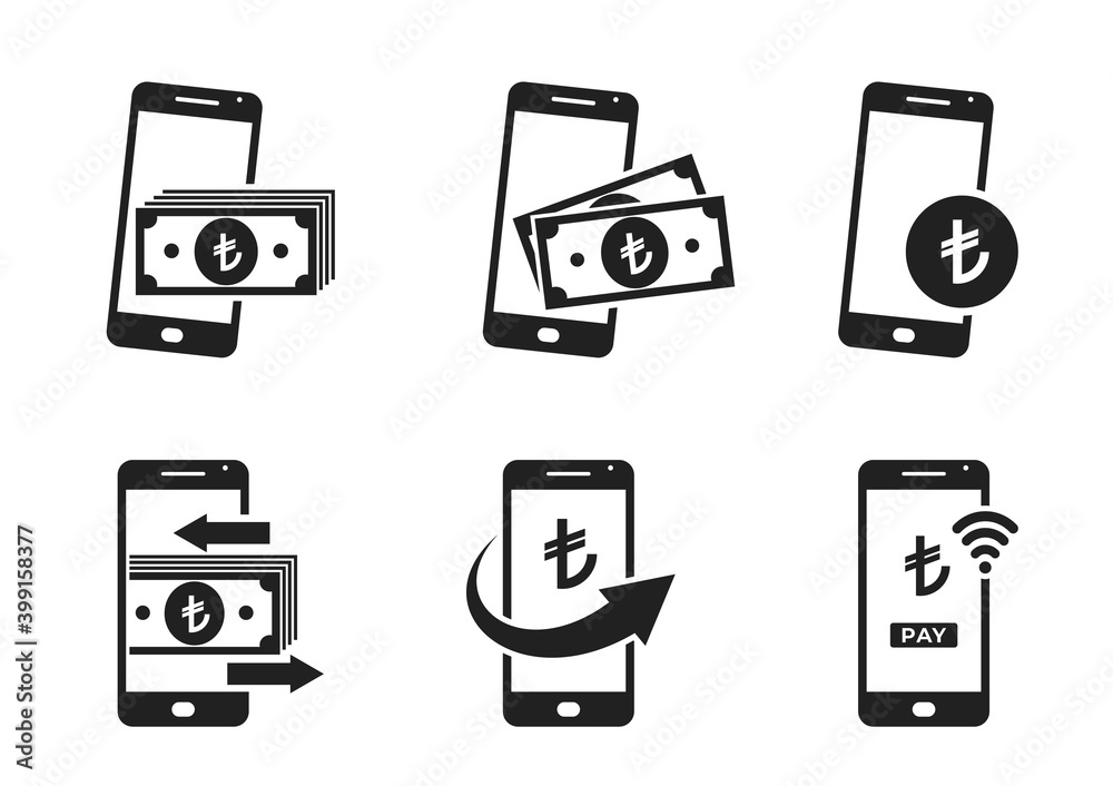 mobile money icon set. smartphone and turkish lira sign. mobile payment and money transfer symbols mobile money icon set. smartphone and turkish lira sign. mobile payment and money transfer symbols