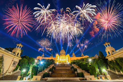 Photography Beautiful fireworks under Magic Fountain light show in Barcelona, Spain
