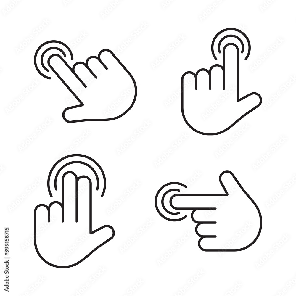 Gesture touch screen icons. Finger click, tap on button. Touchscreen technology. Black line art. Vector illustration Gesture touch screen icons. Finger click, tap on button. Touchscreen technology. Black line art. Vector illustration