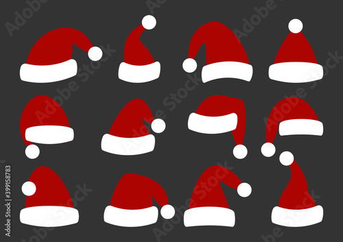 Red Christmas Santa Claus hats set. Flat style holiday cap. Traditional winter accessory of New Year. Simple template headdress xmas costume  symbol Noel season. Isolated on white vector illustration