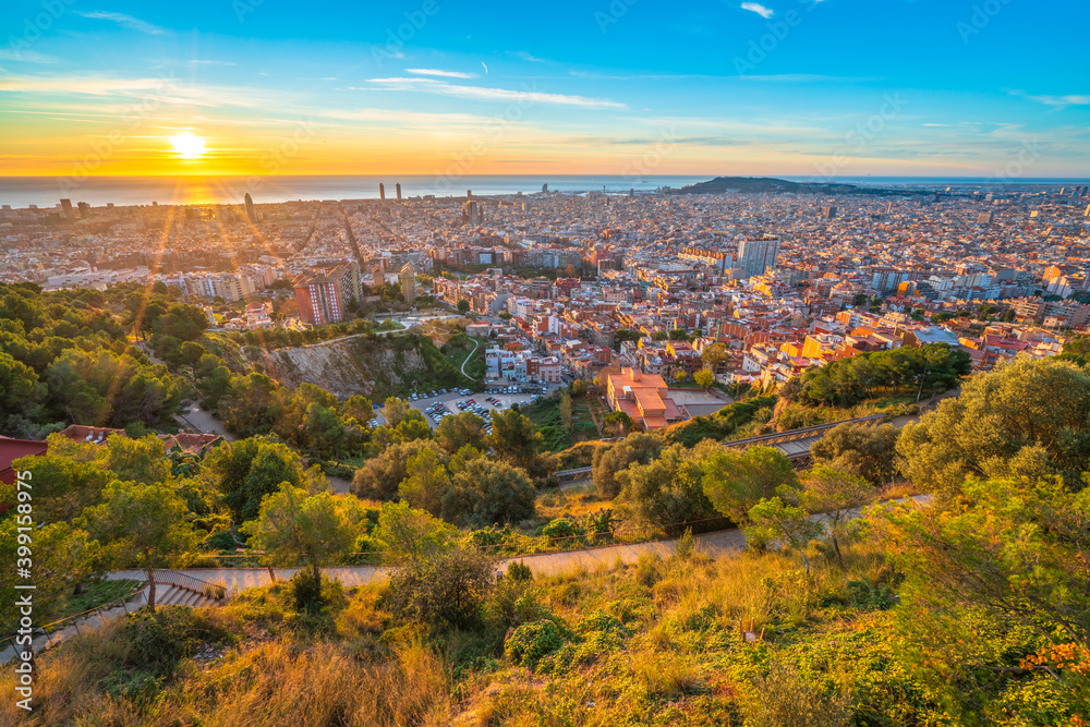 Beautiful top sunrise panorama of Barcelona. Spain