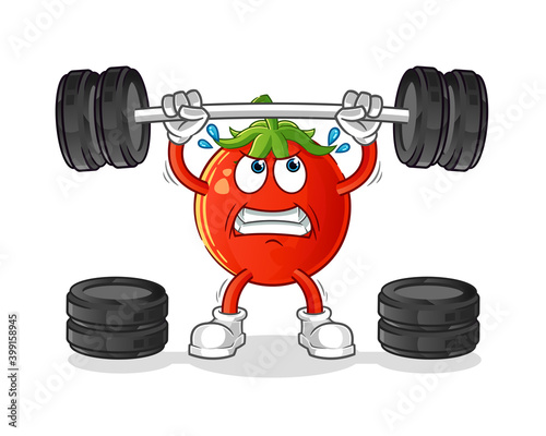 tomato lifting the barbell character. cartoon mascot vector