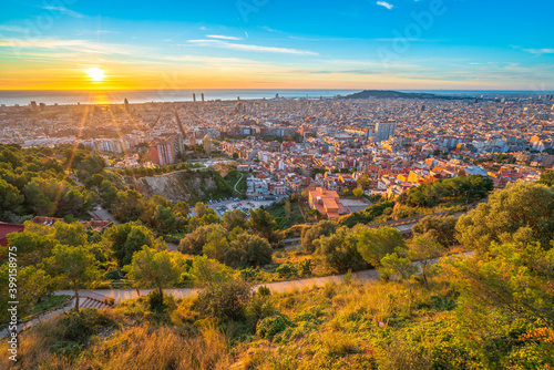 Beautiful top sunrise panorama of Barcelona. Spain