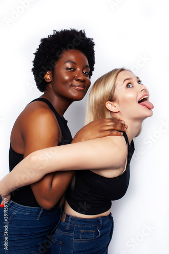 teenage friends cheerful having fun, happy smiling, cute posing isolated on white background, lifestyle people concept, african-american and caucasian