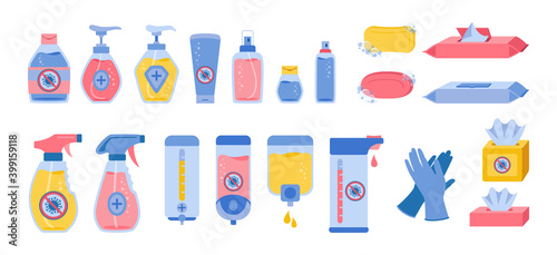 Disinfection sanitizer bottles, cartoon set. Coronavirus infographic flat collection. Hygiene medical washing gel, spray, wet wipe, liquid soap, and napkin, rubber glove. Isolated vector illustration