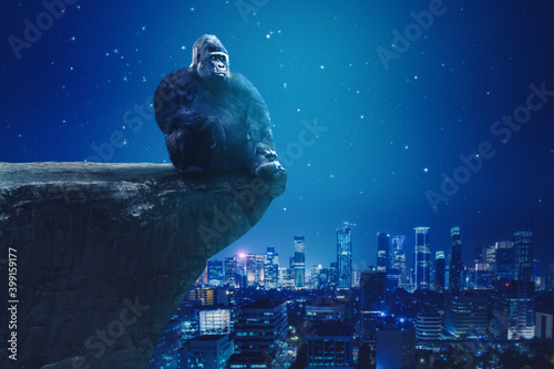 Fotografiet Gorilla sitting on cliff with glowing city background