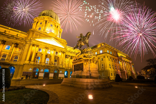 Buda Castle fireworks show in Budapest. Hungary 