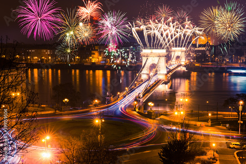 Fireworks near Chain Bridge in Budapest, New Year Eve celebration