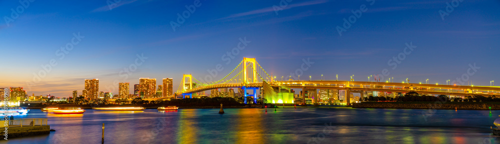 Panorama of rainbow bridge near Tokyo bay. Japan