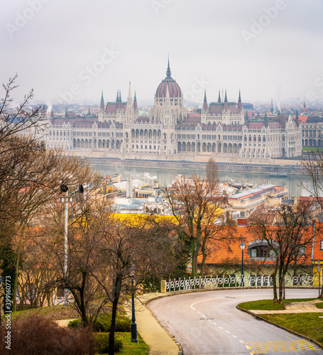 Hungarian parliament seen across Danube river in Budapest