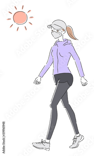 歩いてる若い女性のイラスト。感染予防でマスクをしてる女性。