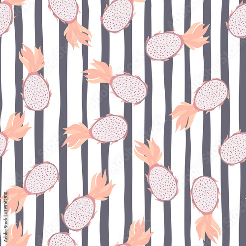 Random seamless pattern with organic pitaya shapes. Striped background in white and grey colors.