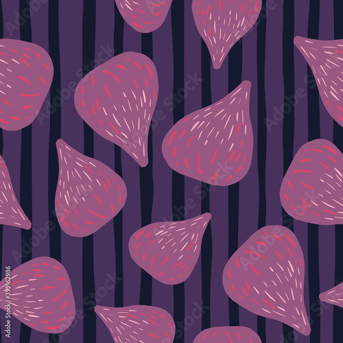 Random seamless seasonal pattern with purple fig ornament. Striped background. Nature print.