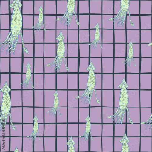 Random seamless pattern with simple light blue squids. Pastel purple background with check.