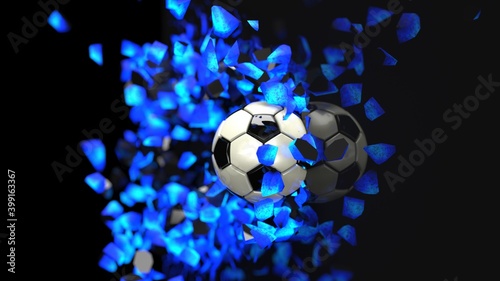 Fototapeta Naklejka Na Ścianę i Meble -  Soccer ball breaking with great force through blue illuminated wall under spot light background. 3D high quality rendering. 3D illustration.