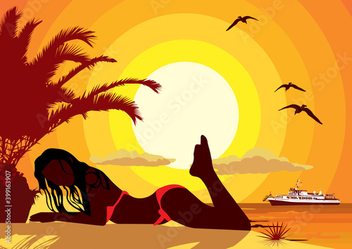 A girl in a swimsuit posing against the background of the sea sunset