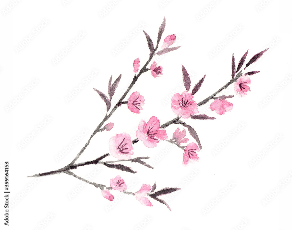 桃の花 墨彩画 水墨画 墨絵 Stock Illustration Adobe Stock