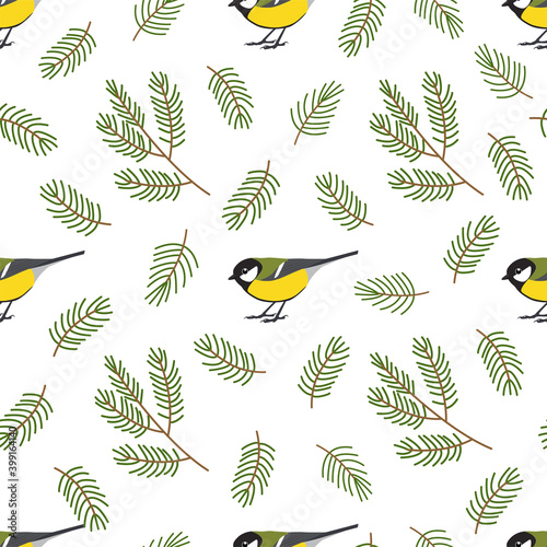 Cute Great Tit bird and a branch. Vector pattern