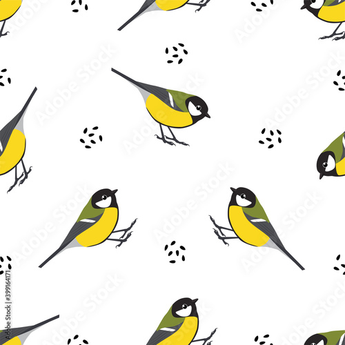 Cute Great Tit bird. Vector pattern