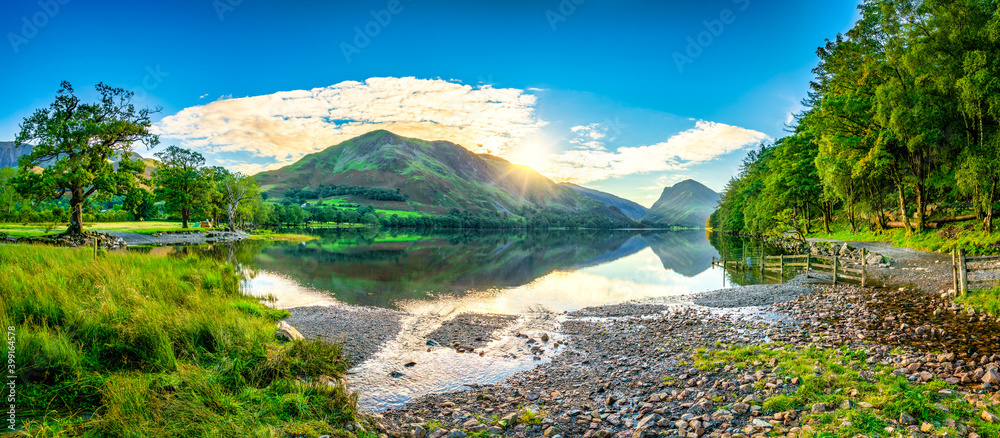 Buttermere lake panorama at sunrise. Lake District. England