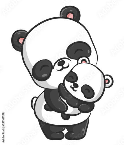 The cute mommy panda is cradle her baby panda who sleep in her hug