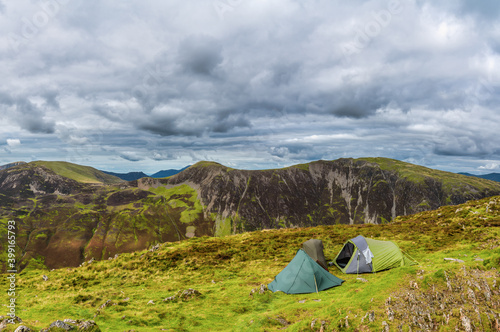 Camping tents at the top of Haystacks in Lake District. England