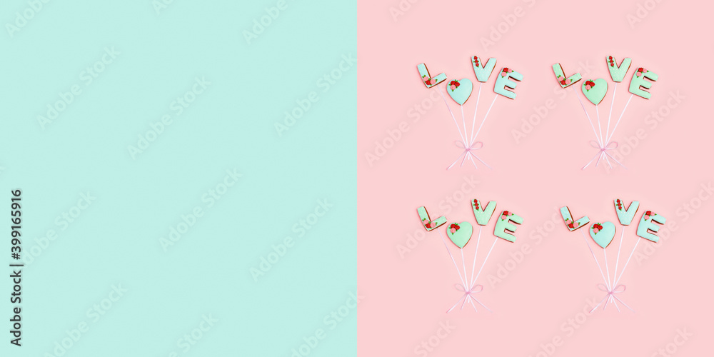 Greeting card with Word Love from homemade cookies as balloons connected by ribbon. Valentines Holiday food concept. Greeting card with Word Love from homemade cookies as balloons connected by ribbon. Valentines Holiday food concept.