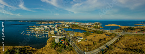 Aerial panorama of Kent Narrows earliest English settlement in Maryland, entrance to popular tourist spot Kent Island, marina, sail boats Queen Anne's County, fishing village on the Chesapeake