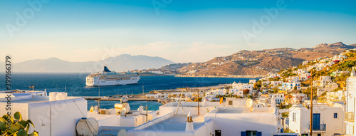 A view of Mykonos with boats, Cyclades islands, Greece