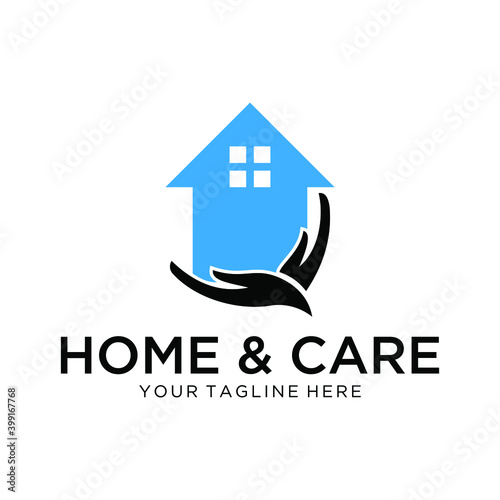Home Care Logo Design. Stay at Home. Hand with House Shape Design, House with Hand symbol illustration Isolated on White Background.