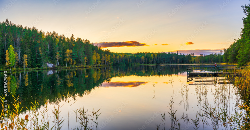 Sunset at the lake in autumn season