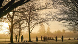 Silhouette bare trees dogs and people at baseball field park on cold foggy early morning