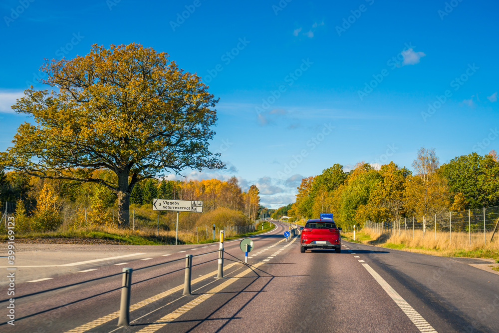 Single carriage lane road 23 in Sweden in autumn season
