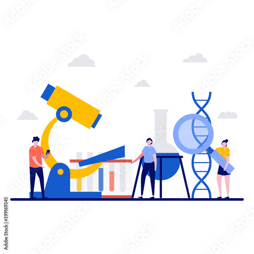 Research laboratory, science development technology concept with tiny character. Scientist biologist working at laboratorium with lab microscope equipment, digital devices flat vector illustration