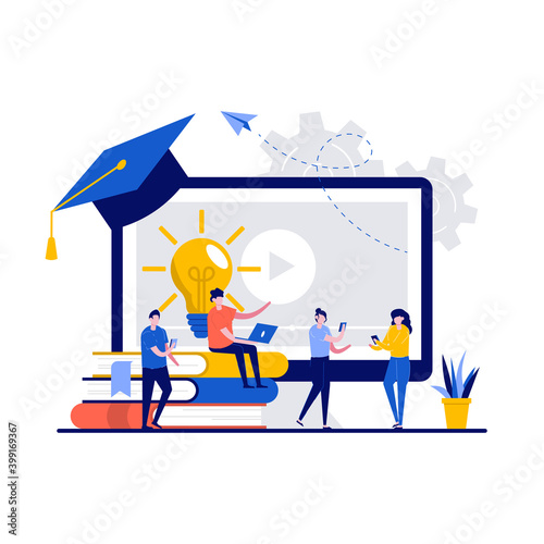 Online education service concept with tiny character. People study, holding mobile devices for training flat vector illustration. Video lesson, home schooling, research of material, exam metaphor
