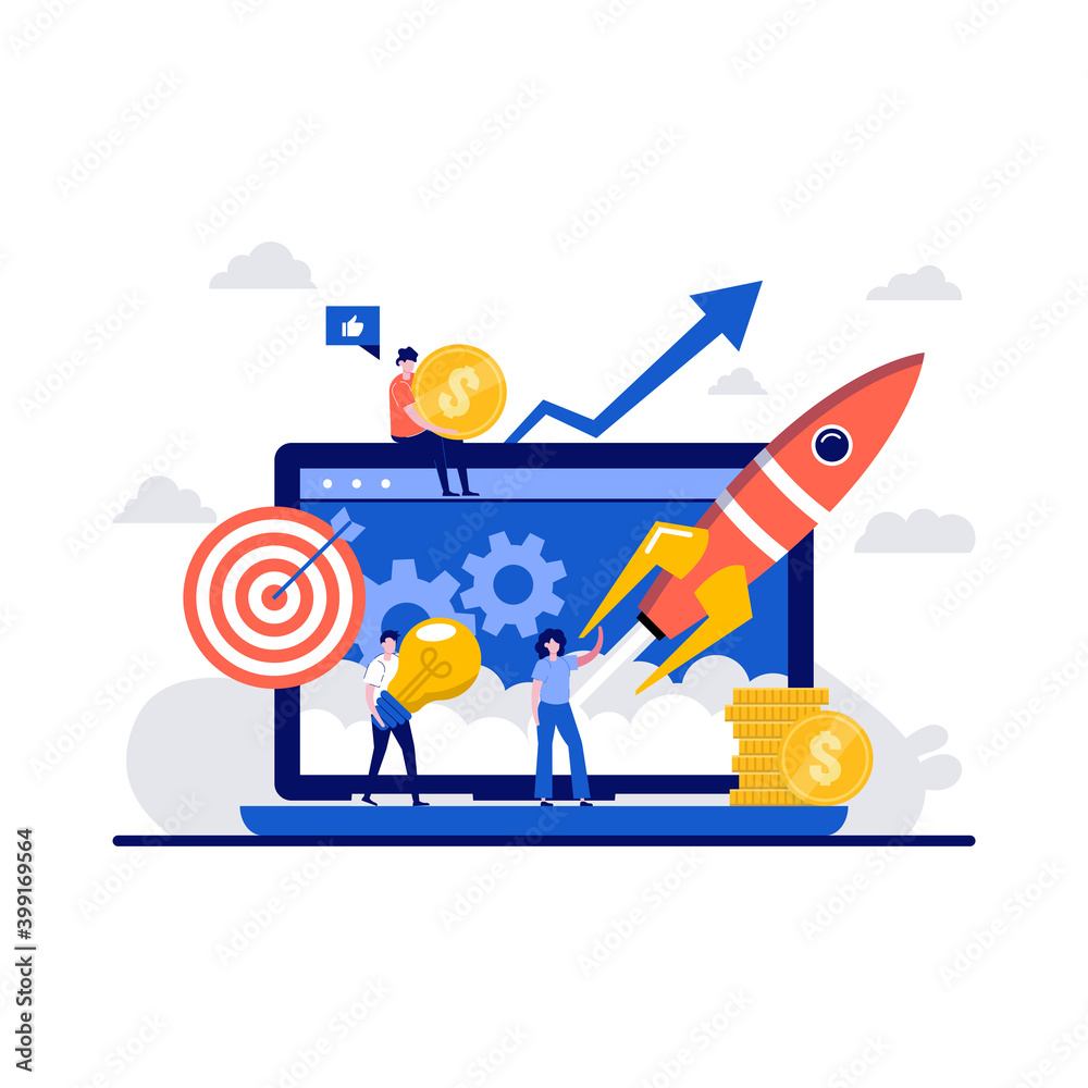 Business startup, success teamwork on launch rocket concept with tiny character. People team launching into space flat vector illustration. Starting new successful idea to increase profits wealth Business startup, success teamwork on launch rocket concept with tiny character. People team launching into space flat vector illustration. Starting new successful idea to increase profits wealth