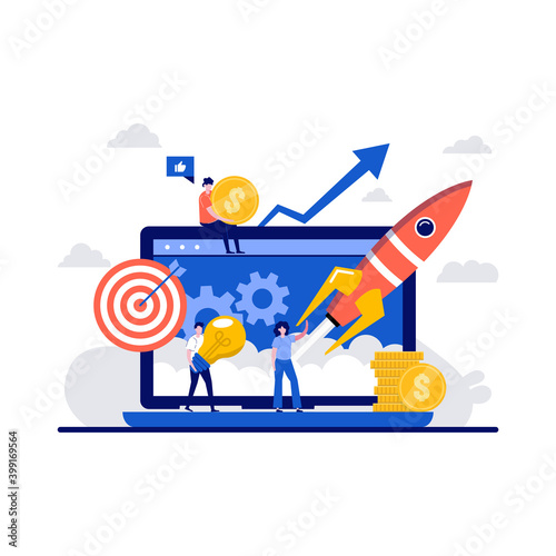 Business startup, success teamwork on launch rocket concept with tiny character. People team launching into space flat vector illustration. Starting new successful idea to increase profits wealth