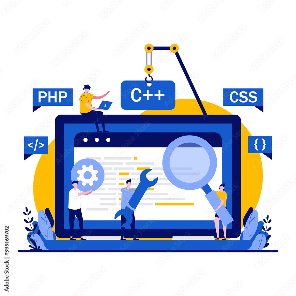 Web development concept with tiny character. Team of developers build a ...