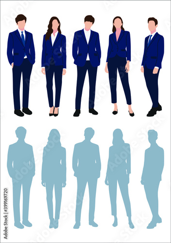 Businessman and women with suits standing in white background, Businessman people, group of men and women, wearing working outfit, shadow