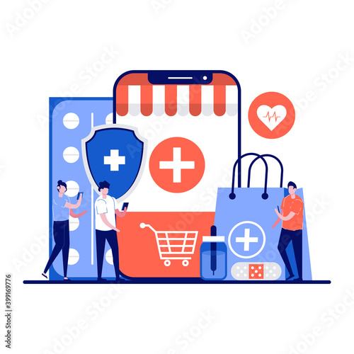 Online pharmacy, business medicine drug store concept with tiny character. Pharmacist doctor people selling pharmaceutical products in online pill drugstore flat vector illustration