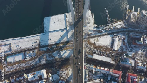 Winter Golden Bridge in Vladivostok filmed from drone. 